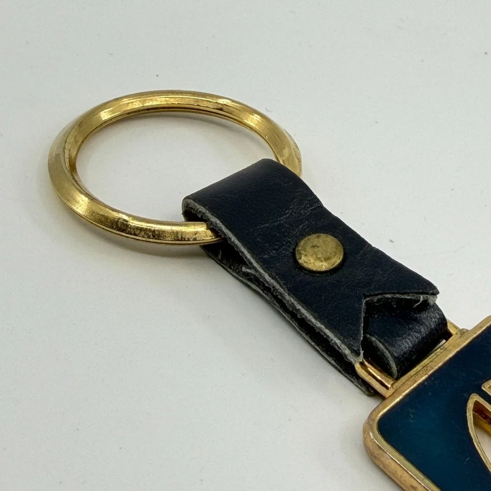 Navy Enamel Pearl Look Initial G Gold Tone Leather Keychain Monogram Bag Charm